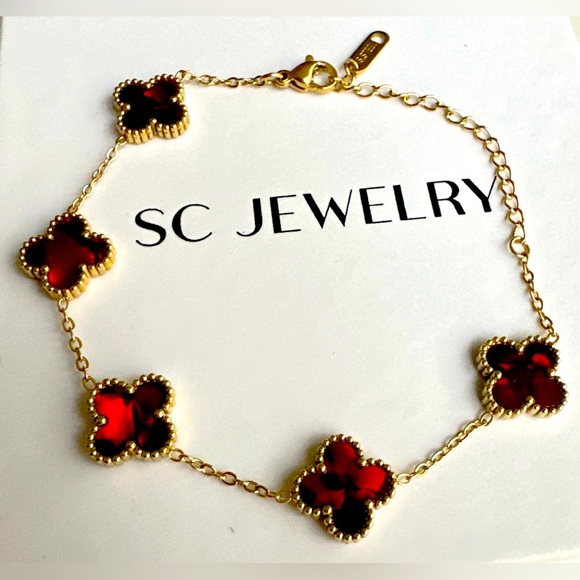 Clover Bracelet Velvet Red Double Sided Four Leaf - Picture 7 of 11